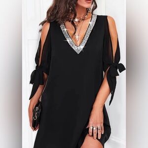 sequin Dress Black cold shoulder Elegant 
Sz 2X